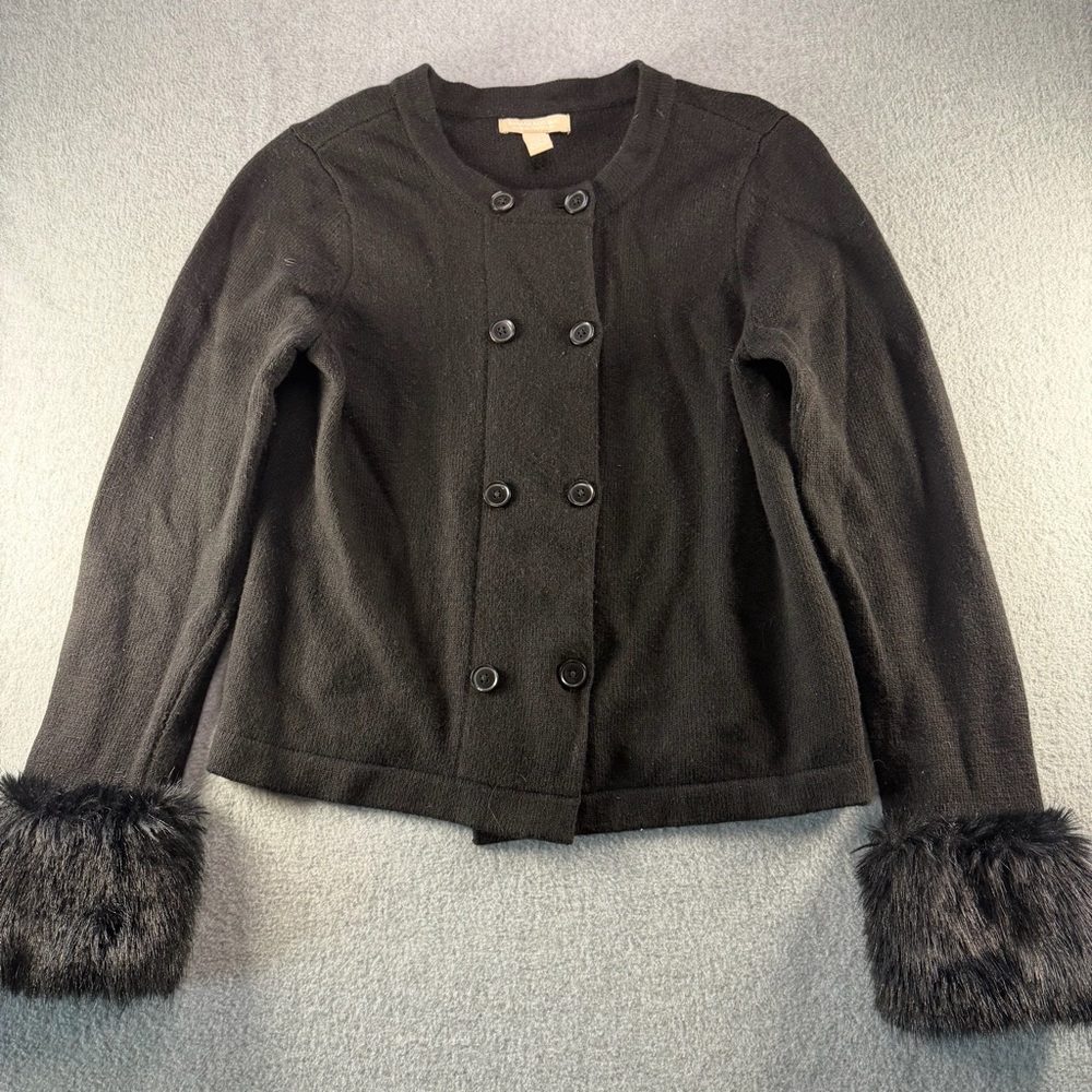 Banana Republic Sweater Jacket Womens L Black Merino Wool Cashmere Faux Fur